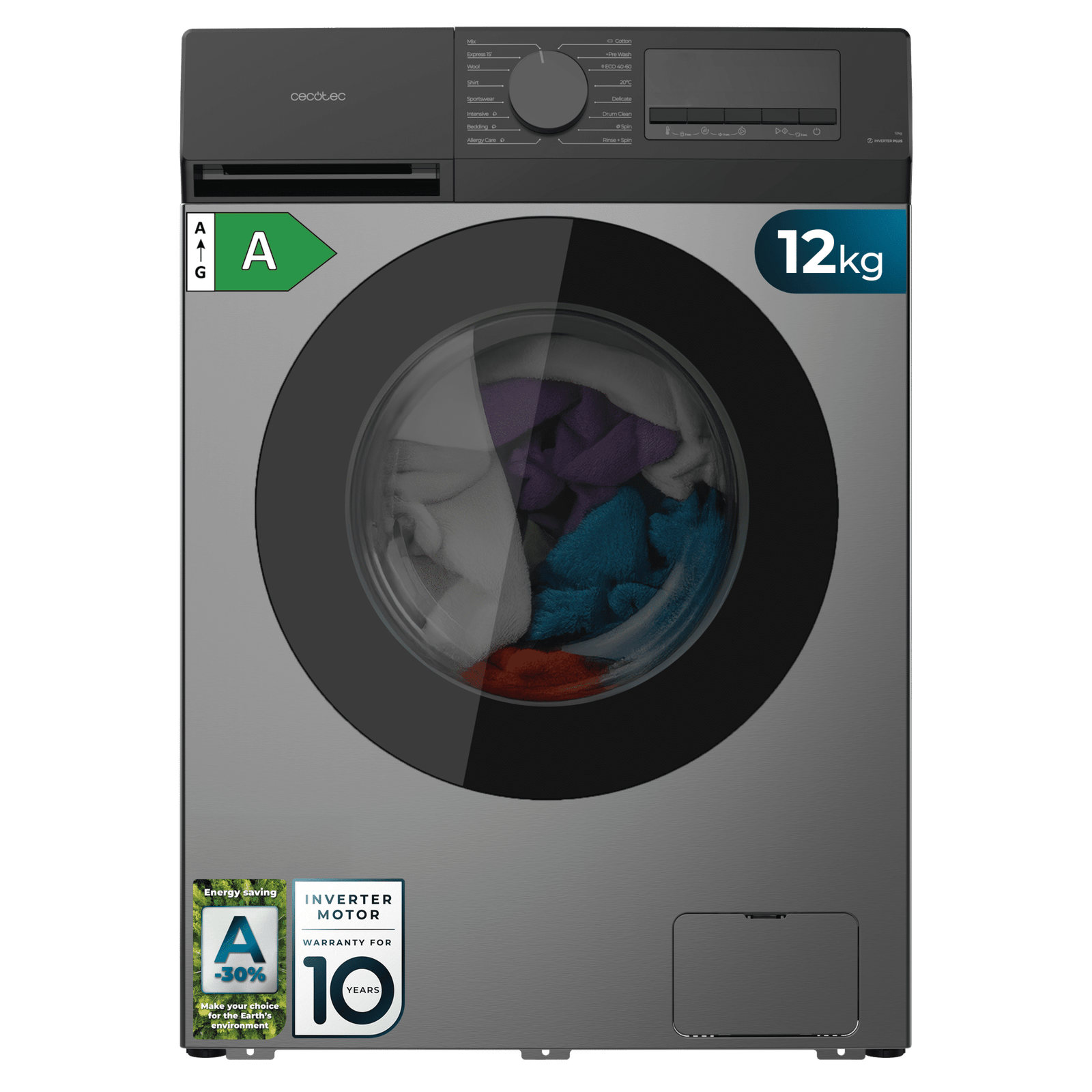 Lavadora Bolero DressCode 12450 Inverter Steel 59,5x 64,5 x 85 cm, CECOTEC